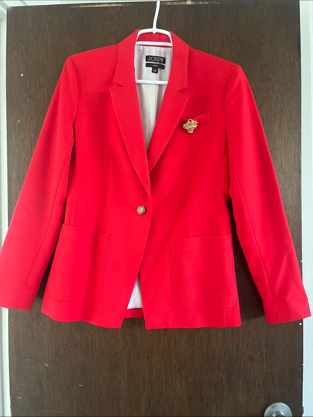 J. Crew Red Single-Button Notch Lapel Blazer with Gold Brooch